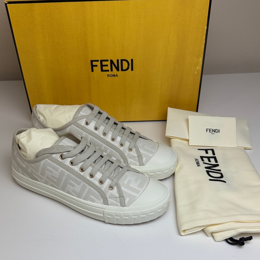 Fendi FF Domino Cream and Gray Jacquard Logo Sneakers
